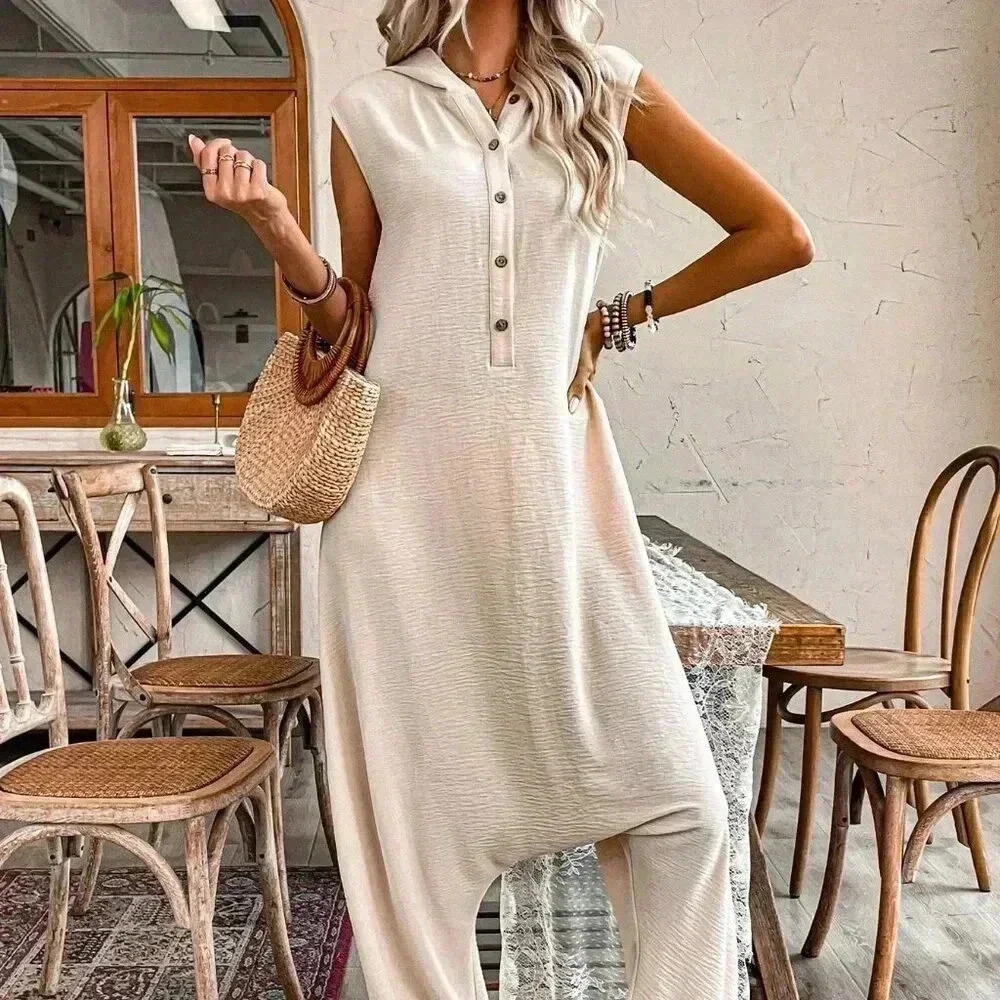 Apricot Casual Women's Half-Bottoned Sleeveless Loose Jumpsuit - Picture 6 of 6